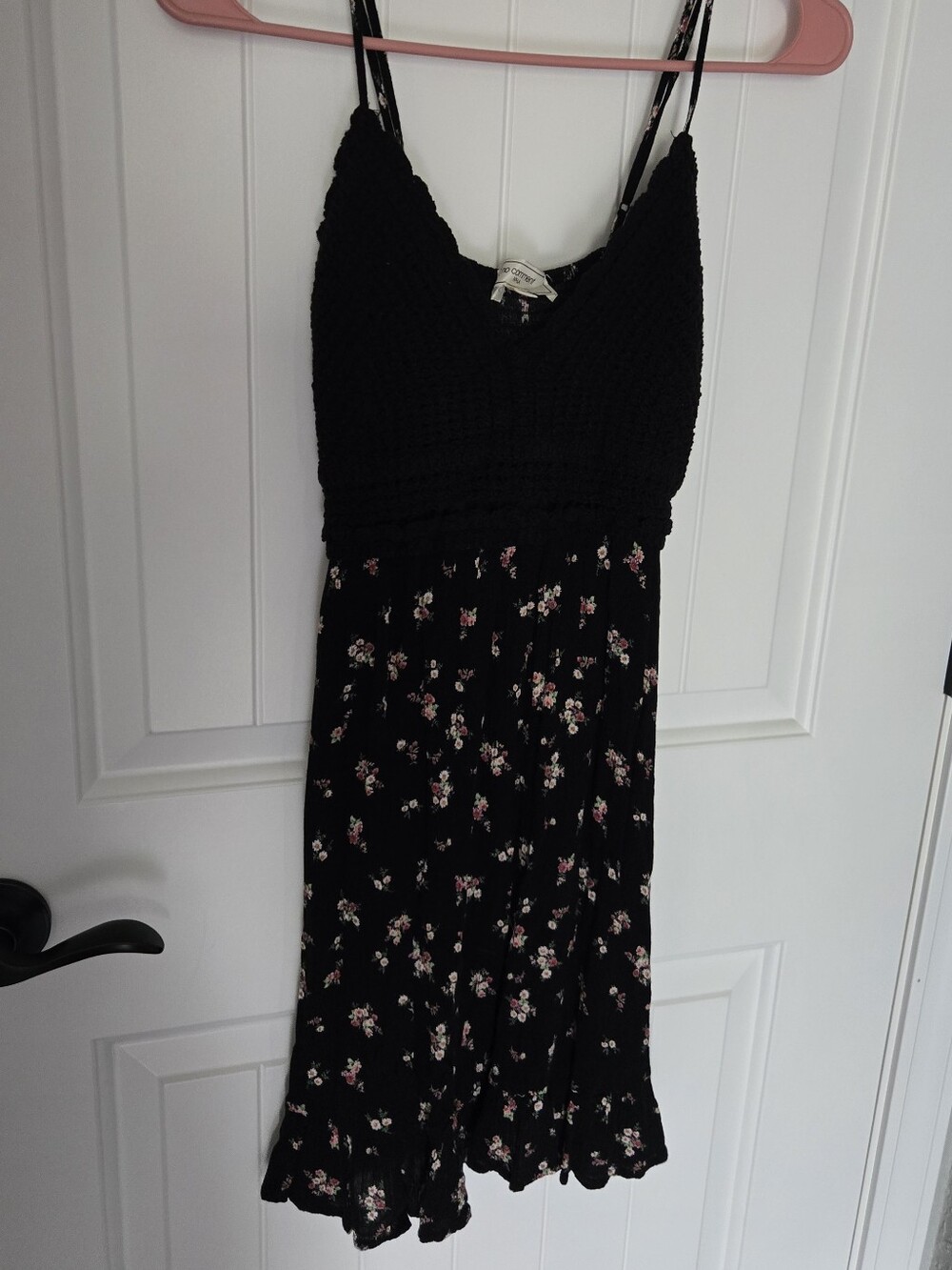Black Floral Smocked-Bodice Midi Dress with Spaghetti Straps